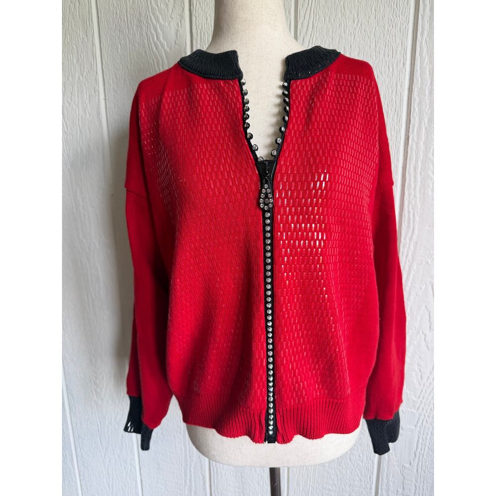 Vintage Mardel Red Rhinestone Zip Cardigan Sweater Sequin Statement